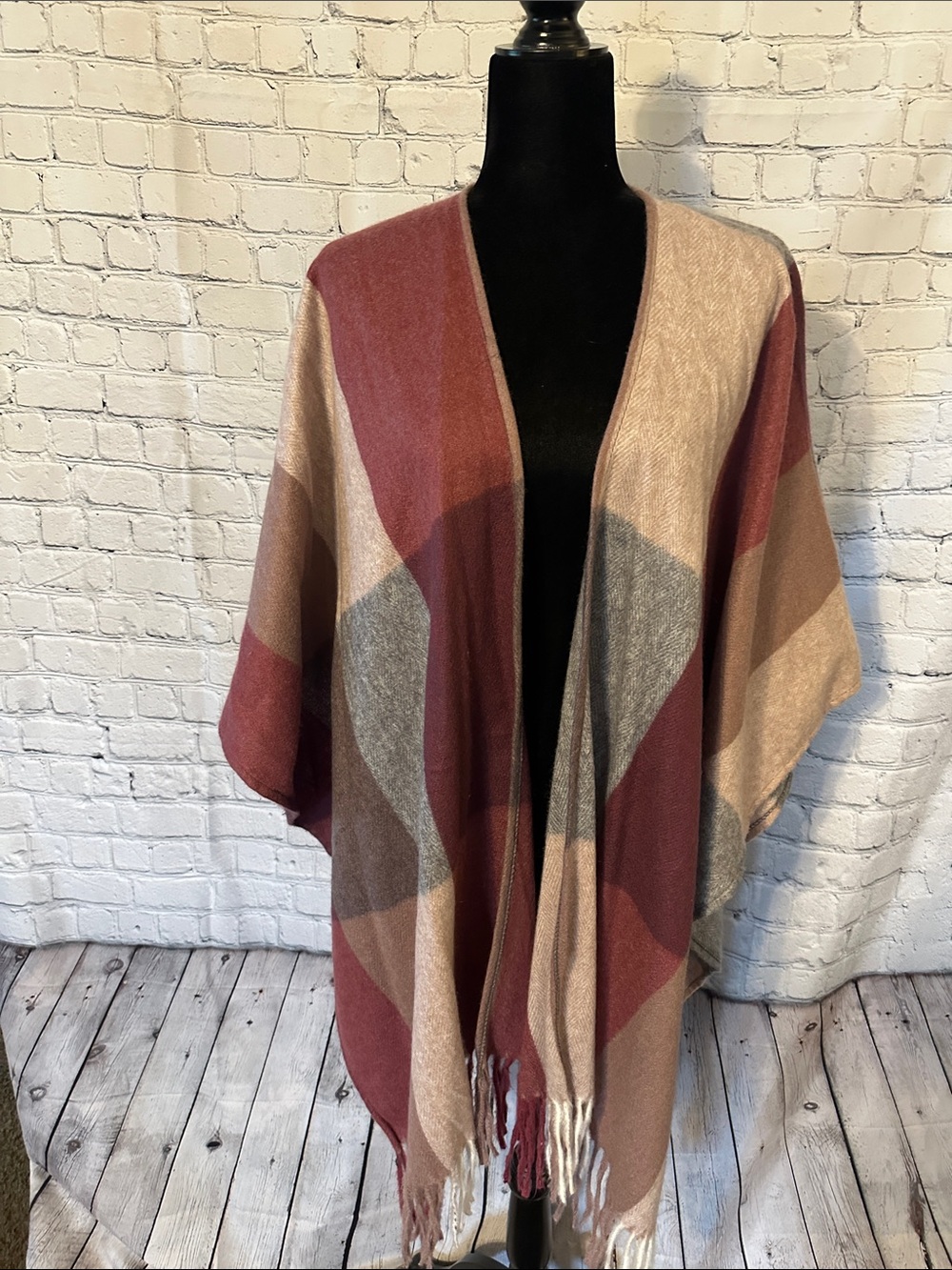 Woolrich Geometric Fringed Poncho in Rust, Taupe & Gray